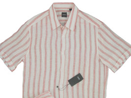 NEW $165 Hugo Boss Black Label Short Sleeved Shirt!  M  Slim Fit  Linen  Striped - £62.53 GBP