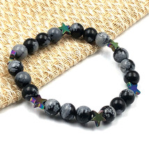 Natural Snowflake Obsidian &amp; Hematite 8 mm Bead 7.5&quot; Stretch Bracelet SSB-9 - $11.77