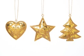 SET OF 3 GOLD w/ GOLD FOIL 2.75&quot; STAMPED METAL HEART/TREE/STAR XMAS ORNA... - £14.85 GBP