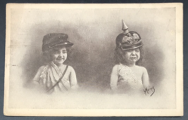 1910s WWI French Two Girls Children France vs Germany Hats Postcard Wagram - $13.99