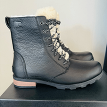 SOREL Emelie Genuine Shearling Lamb Fur Short Lace-Up Boot, Black, Size ... - $139.00