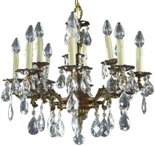 Vintage Chandelier Rococo 8-Arm 12-Light Glass Pendants Antique Brass Metal - £788.74 GBP