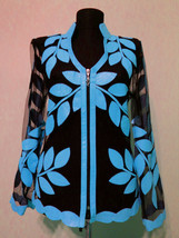 V Neck Light Blue Short Genuine Leather Leaf Jacket Womens All Colors Si... - $225.00