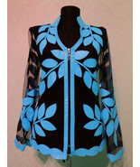 V Neck Light Blue Short Genuine Leather Leaf Jacket Womens All Colors Si... - $225.00