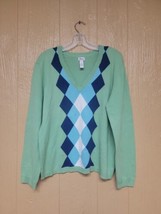 Bass Sweater V-Neck Knitted Sweater Womens Mint Green sz XL Argyle Pattern - £15.20 GBP