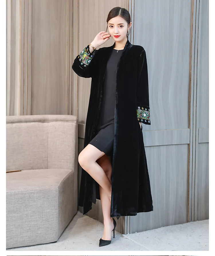 Sleeve exquisite Embroidery Vintage Velvet Kimono Trench New  V neck Mid... - $288.53