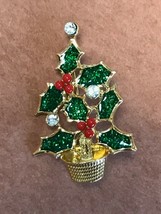 Vintage Avon Signed Small Sparkly Green Enamel Holly w Red Bead Berries &amp; Clear - £11.90 GBP