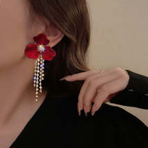 Women's Fashion Ethnic Red Tassel Silver Stud Earrings - $7.25