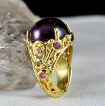 Unique Natural Pink Tourmaline Cabochon Cut Carved Silver Gold Plated Ring - £859.70 GBP