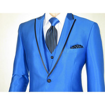 Mens Tuxedo Formal Suit ROYAL DIAMOND Slim Fit 3Pc Vested shiny Satin SL83 Blue image 13