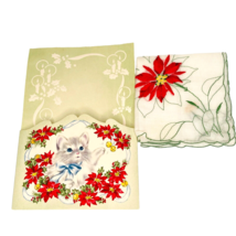 Christmas Card Kitten w Poinsettia Handkerchief Hankie in Pocket Gray Kitty Vtg - £12.11 GBP