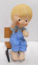 Enesco Country Cousins Yellow Hair Boy Sitting Wooden Metal Seat Hand Raised - £18.77 GBP