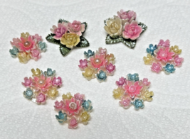 8 Vintage Celluloid Flower Decorations Pastels 2 Sew On 3/4" 6 Glue On 5/8" - $9.41
