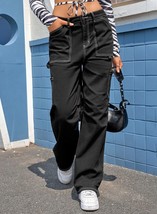 Black High Waist Straight Leg Cargo Pants with Pockets - $54.34