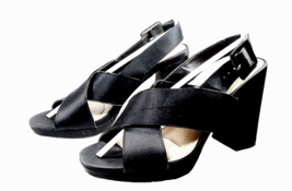 NINA Women Strappy Slingback Sandal Size 7.5 High Chunky Heel Black Sateen - $39.99