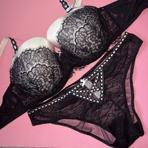 Victoria&#39;s Secret 38DDD Bra Set Xxl Panty Black Pink Lace Ribbon Dream Angels - £70.95 GBP