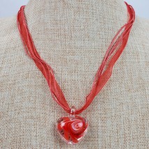 Vintage Hippie Style Glass Heart Red Swirl On Rope &amp; Ribbon 19 Inch - £8.95 GBP