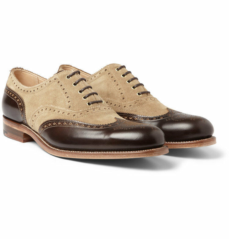 Men Two Tone Brown Wing Tip Beige Suede Brogue Toe Leather Lace Up Shoes US 7-16