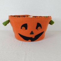 Pumpkin Basket Metal Frame Orange Felt Face Cotton Lining Handles Halloween FLAW - £13.76 GBP