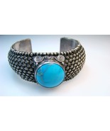 Ornate Sterling Silver Wide Basket Weave Cuff Bracelet w Turquoise - $124.99