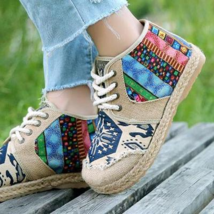 Sustainable Eco Friendly Embroidered Cotton Canvas Lace-Up Shoes - $49.00