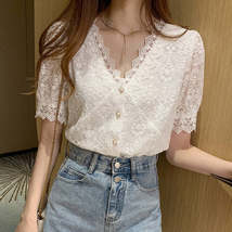 Women White Lace Short Sleeves V Neck Stitching Hollow Out Blouse Top_ - £19.98 GBP