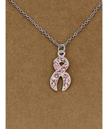 Pink ribbon necklace, cancer awareness ribbon jewelry, Pink crystal ribbon - £11.81 GBP