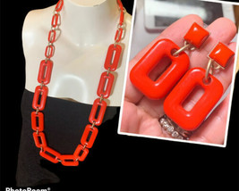 Vintage Coldwater Creek Vintage Red Lucite Necklace 35” &amp; Earrings Rare 7/20 - £59.07 GBP