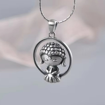 Little Buddha Circle PENDANT-Pure 925 Silver-Small-Tibet-Lotus-Osho-FREE Shipp - £30.92 GBP