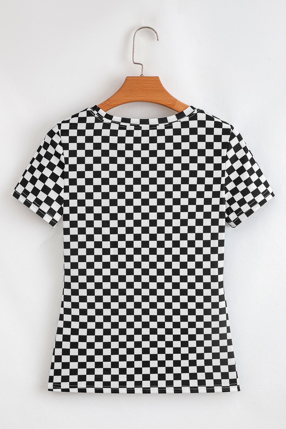 Black Checkered Ribbed Slim Fit Crew Neck T Shirt - $9.89