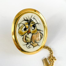 Vintage Gold Tone OvalOwl Neck Tie Tack Lapel Pin Handpainted - £23.29 GBP