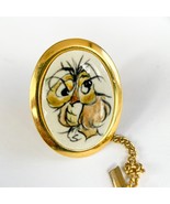 Vintage Gold Tone OvalOwl Neck Tie Tack Lapel Pin Handpainted - $29.69