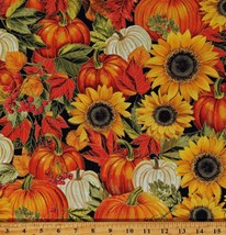 Cotton Fall Leaves Pumpkins Harvest Floral Metallic Fabric Print by Yard D514.60 - £12.50 GBP
