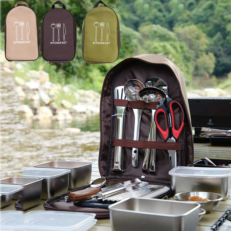 4 stainless steel outdoor picnic travel cooking tools cookware set utensils camping kit thumb200