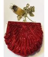 La Regale Beaded Evening Bag Ruby Red Shell Purse Gold Shoulder Chain - £19.46 GBP