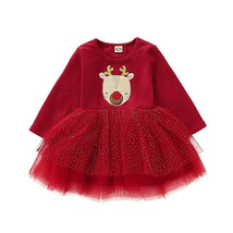 Toddler Kid Baby Girl Xmas Elk DeerClothes Long Sleeve Lace Tutu Tulle Princess  - £16.13 GBP