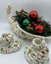 Vtg Speckle Ceramic Cornucopia Centerpiece candle holders Christmas Ornaments - £59.52 GBP