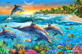FRAMED CANVAS ART PRINT dolphins bay tropical fish beach sunset sea turtles star - £31.84 GBP+