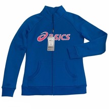 Asics Womens Fleece Spellout Logo Full Zip Jacket Activewear Blue White, Med NWT - £13.54 GBP