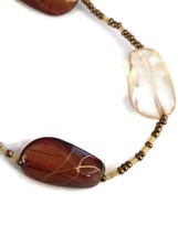 Gold Tone Etched Brown White Gemstone Beaded Stretch Bracelet - £17.57 GBP