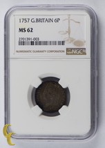 1757 Great Britain 6 Pence in MS 62 By NGC 6P Silver Coin KM-582.2 - £289.19 GBP