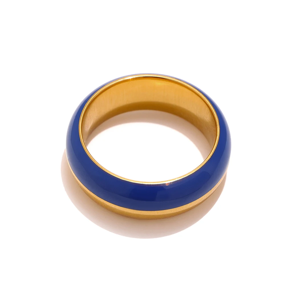 Stainless Steel Blue Enamel Ring for Women Trendy Metal Round Finger Ring Waterp - £13.47 GBP