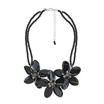 Pearl Center Triple Black Agate Flower .925 Silver Necklace - £31.18 GBP