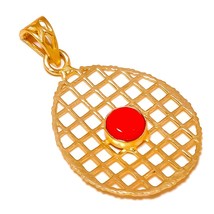 Cabochon Italian Red Coral Circle Gemstone Gold Plated Handmade Filigree Pendant - £9.48 GBP