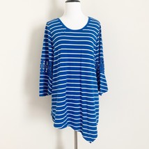 Hannah Woman Size Large Women&#39;s Blue White Striped Top Blouse Shirt Asym... - $139.47 MXN