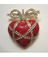 Heart Brooch Pin Red Enamel Crystal Rhinestones Bow Royal Look Valentine... - $467.06 MXN