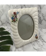 Vintage 90s Ceramic Picture Frame Cream Pink Floral Scallop Trim Oval 5x7 - $28.70