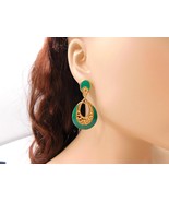 Large Green Oval Drop Earrings, Signed Gold Filigree - $40.68 CAD