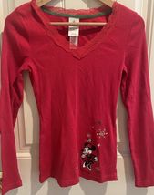 DISNEY women red Top CHRISTMAS MINNIE MOUSE Size M long sleeve Ribbed LACE - $14.00