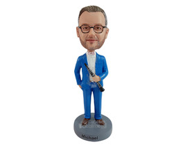 Custom Bobblehead Elegant musician ready to perform with his flute, wearing nice - £69.58 GBP